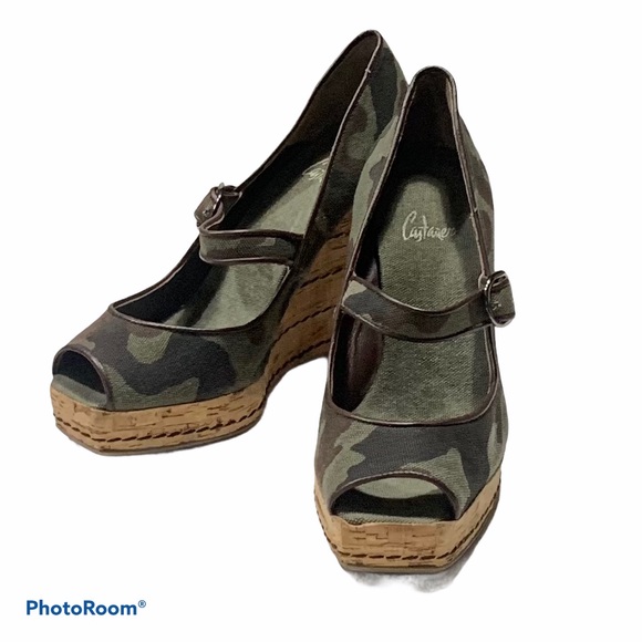 Castaner Silvia Camo Print Cork Espadrille Peep Toe Mary Jane Strap Sz 7.5 - Picture 10 of 11